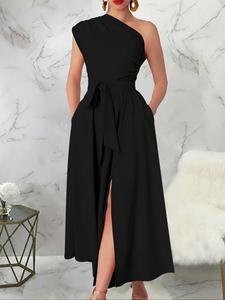 elegant women's one-shoulder split dress, fashionable and comfortable summer style, perfect for parties and special occasions
