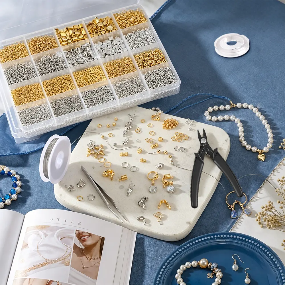 Crimp Tube Beads with Organizer Box Crimp Beads Supplies, Including Crimp Bead Covers, Crimp Tubes, Bracelet Clasps and Closures, Crimp Ends, Jump Rings, Crimping Pliers and Beading Wire