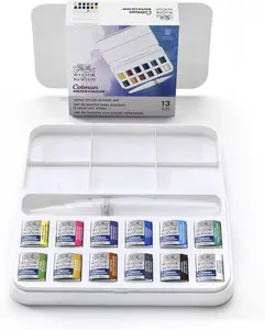 Winsor & Newton Cotman Watercolor Paint Set of 14 Half Pans with Brush & Mixing Palette | Student Grade Affordable Watercolors | Vibrant Transparent Colors with Good Tinting Strength | Portable Pocket Travel Kit for Beginners & Art Students 390658