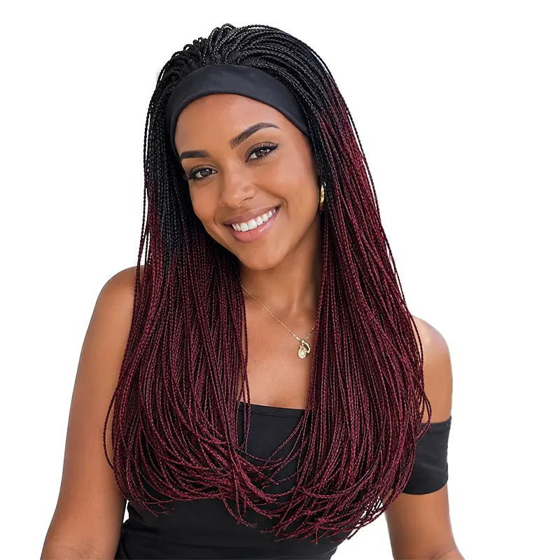 Burgundy Ombre headband braiding Wig for women, Black to Wine Red Machine Braided Dreadl Adjustable Strap Hair Heat Resistant Synthetic Hair,Machine Tied Adjustable Straps，Ombre Braided Wig,Lightweight,Breathable cap,for Daily Work, Party & Cosplay