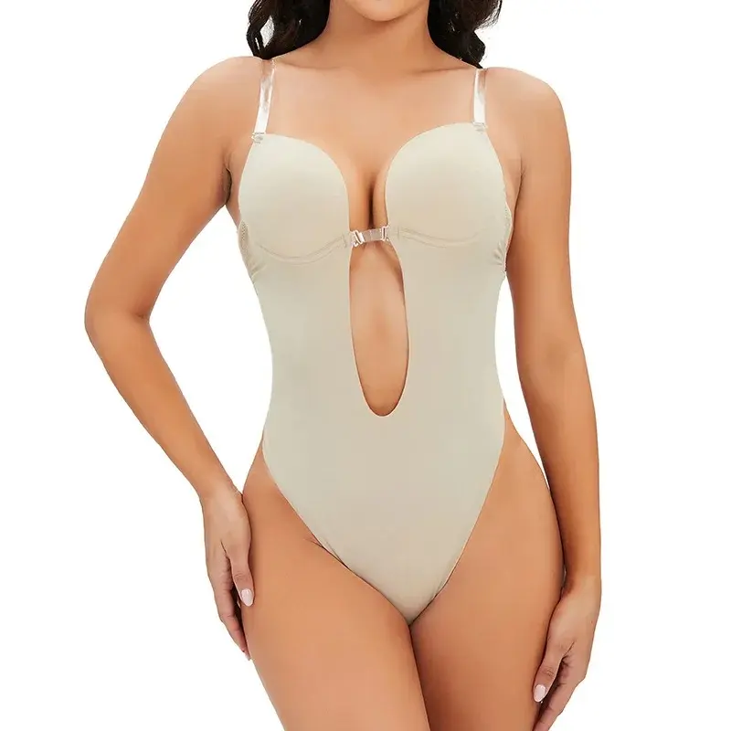 Backless Shapewear Strapless Deep U Plunge Bodysuit for Women Built In Bra Tummy Control Low Back Body Shaper Bridal Thong