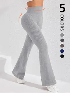 Women's Seamless Knitted Striped Yoga Flare Pants, High Waisted Butt Lifting Control, Sporty Casual Fashion Workout Bottoms