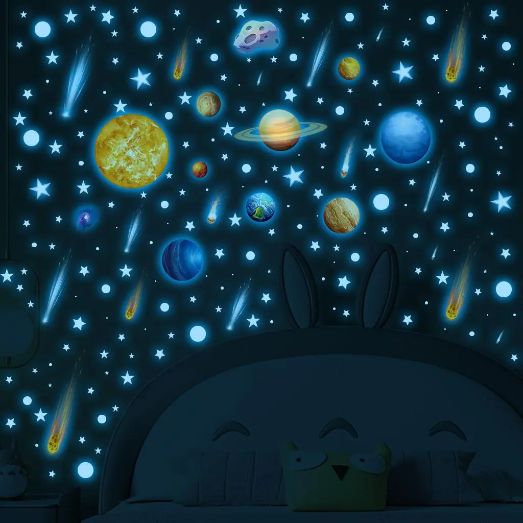 Planet Pattern Glow in the Dark Wall Sticker, 4 Sheets/set Self-adhesive Removable Wall Decal, Decorative Sticker for Home Living Room Bedroom, Home Decor, Sticker Decorations, Luminous Wall Sticker, Deco Stickers