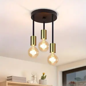 Modern Farmhouse Semi-Recessed Ceiling Light, Industrial 3 Lightweight Metal Pendant, E26 Base, 85v-265v, Includes Hardware