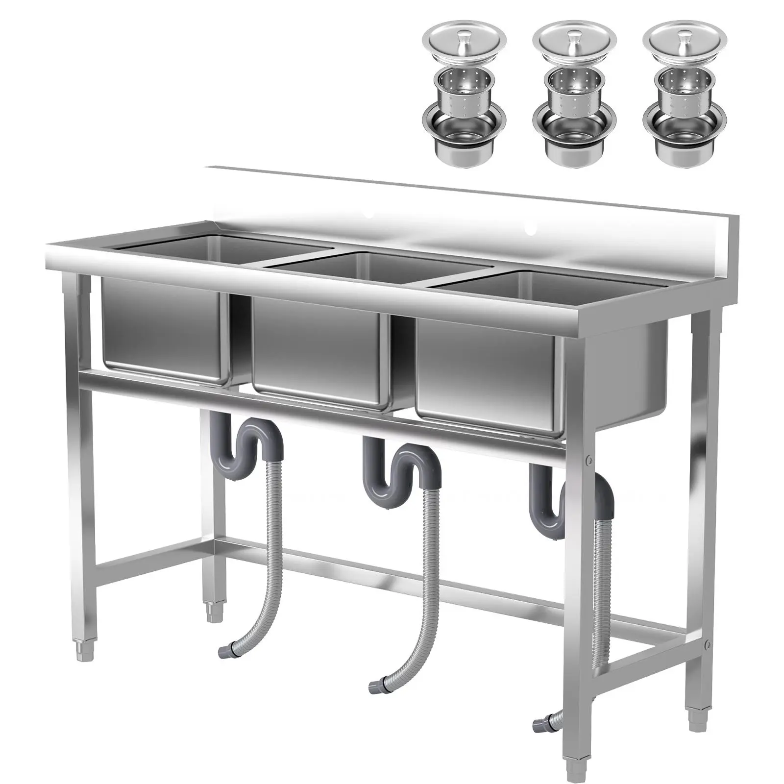 Commercial Sink 51 Inch, 3 Compartment Stainless Steel Restaurant Sink with Triple Bowl & Drainboards, Freestanding Prep Sink for Commercial Kitchen, Garage & Laundry Room
