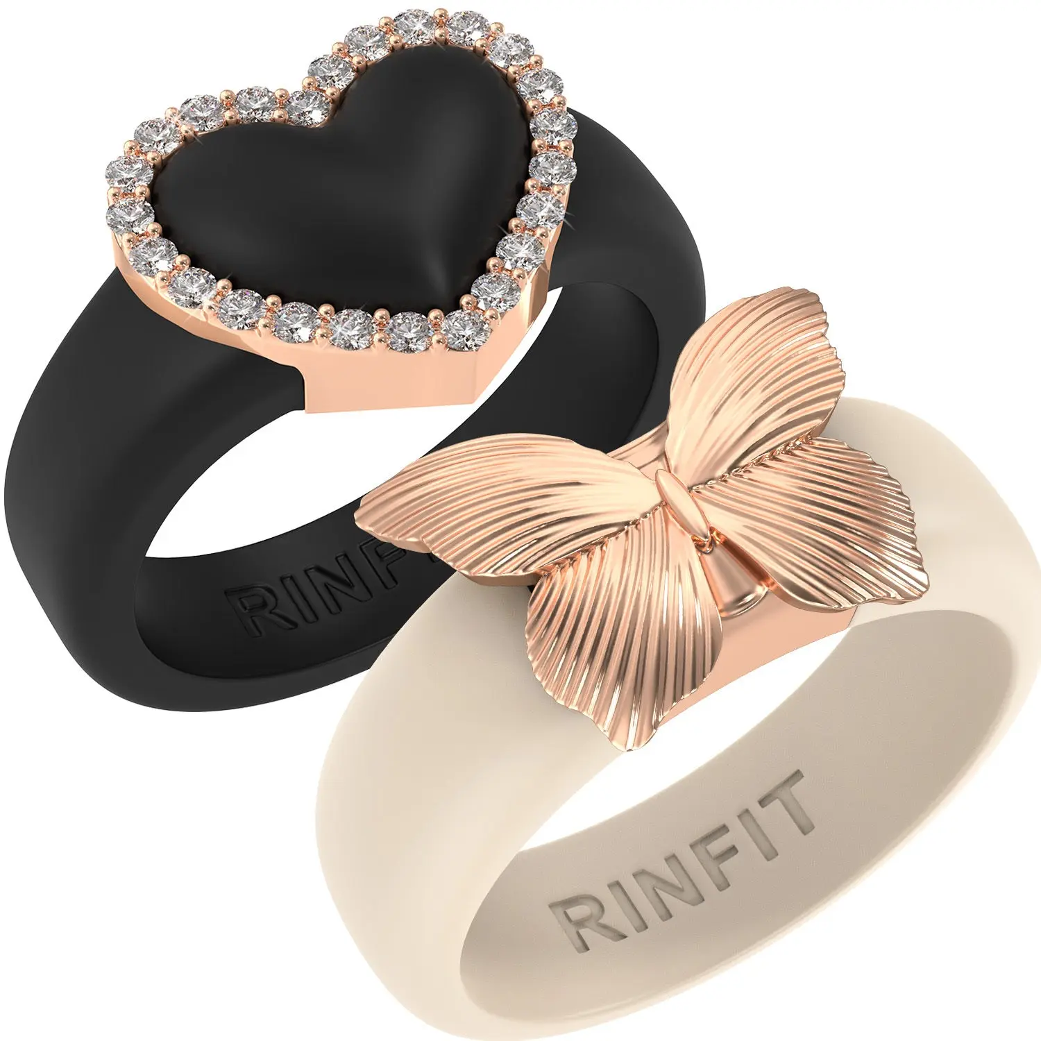 Rinfit Heart & Butterfly Silicone Rings for Women, 2-Ring Set Featuring Stainless Steel & Cubic Zirconia, Patented Design, Size 10, Female, High-Quality Silicone, Wedding