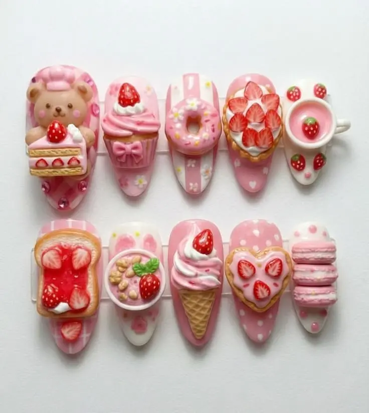 Kawaii 3D Dessert Press On Nails Set Pink Strawberry Bear Coquette Reusable Nail Art for Holiday, Vacation, Birthday Multicolor