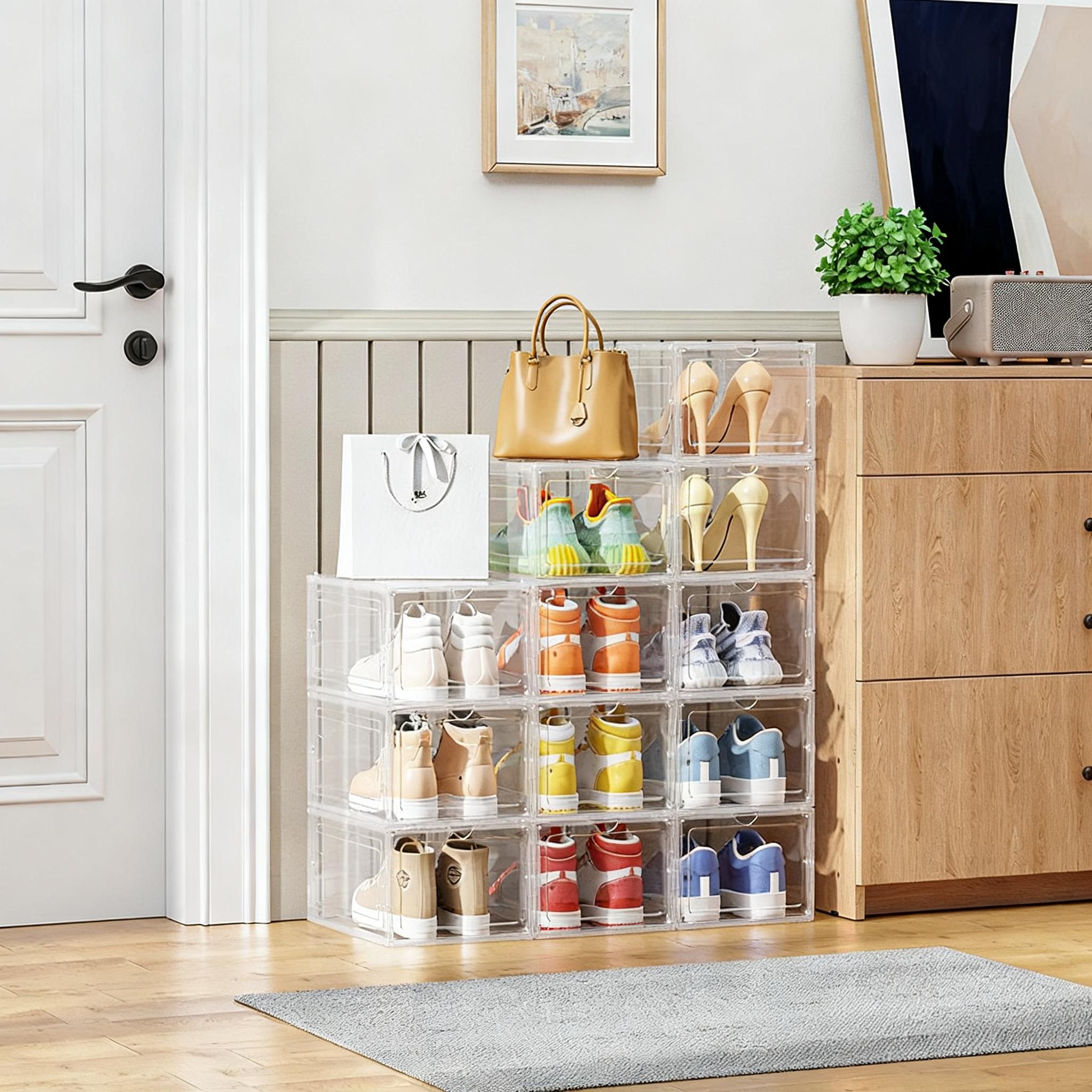 12 Pack Clear Black Shoe Storage Boxes, Stackable Plastic Shoe Organizer with Drop Front Door, Transparent Sneaker Storage Cases for Closet, Space Saving Shoe Containers for Men and Women, Foldable Shoe Box Organizer for Home