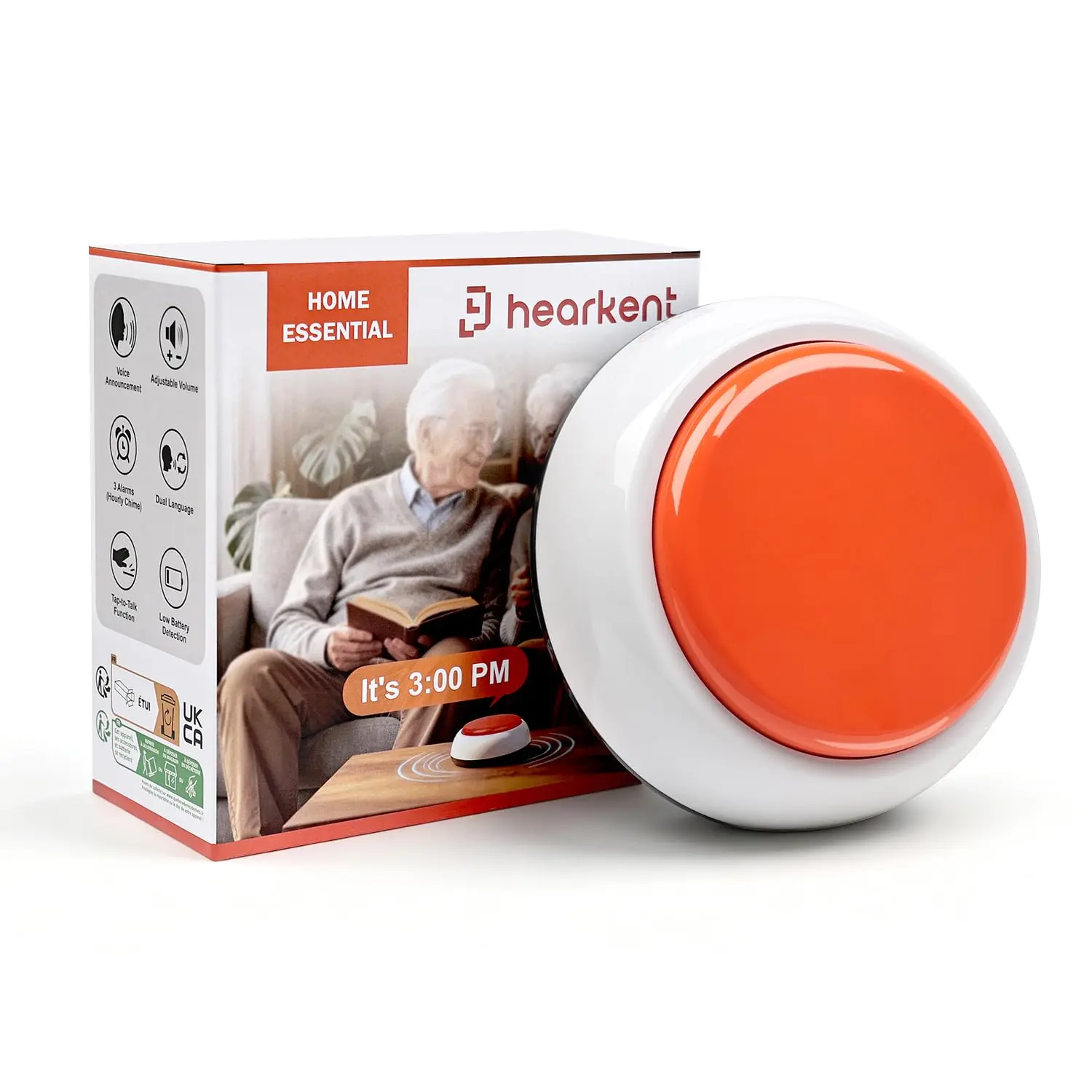 Hearkent Talking Clock for Elderly, English & Spanish Tell Time Date,Orange | For Blind, 3 Alarms, Hourly Chime, Tap-to-Speak Time, 5 Volumes Clear Sound, Low battery Detection, Big Button Clock