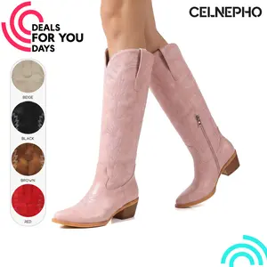 CELNEPHO Womens Cowboy Boots Pointed Toe Chunky Block Heel Western Embroidery Knee High Boot Side Zipper Closure Easy Pull on Fashionable Cowgirl Booties for Wedding Gifts Party Outdoor Events Date Casual Trendy Dress Shoes Deals For You Days