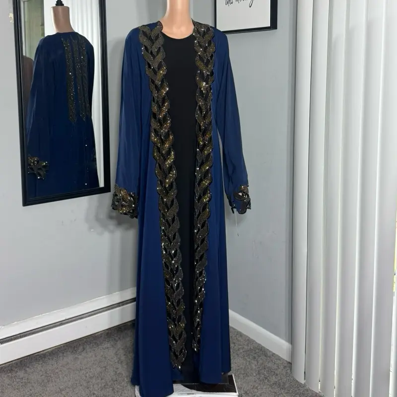 3-Piece Korean Silk Abaya with Colorful Rhinestone Embroidery Muslim Clothing Islamic Modesty Clothes