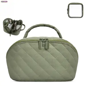 Travel Makeup Bag for Women, Quilted Cosmetic Organizer with 180° Lay Flat Opening, Waterproof Puffer Toiletry Bag, Portable Large Capacity Makeup Case for Daily Use, Vacation, Business Trip, Bathroom Storage