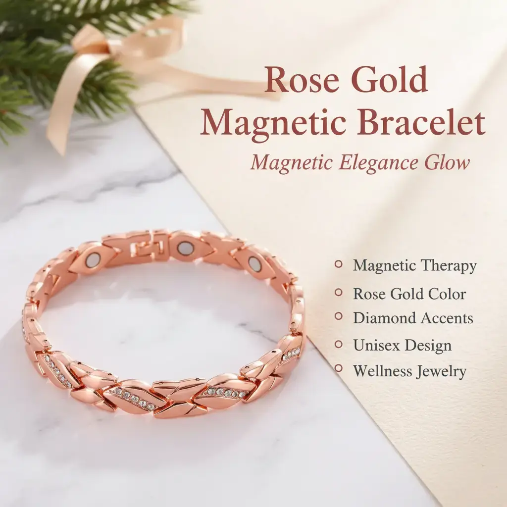 BloomWish B Unisex Elegant Leaf Bracelet Pure Copper Rose Gold Magnetic Design with Diamond Accents 3500 Gauss for Wellness Style Christmas Gift - Trendy Bangles, Adjustable Bracelet, Rhinestone Decorated Bracelet