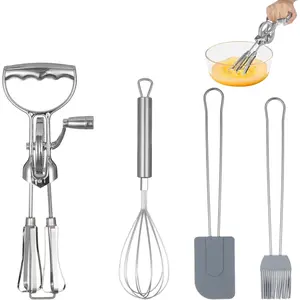 Manual Rotary Egg Beater Set, Double-head Hand Push Whisk with Mixer, Silicone Brush and Spatula, Household Whisk Accessories for Baking