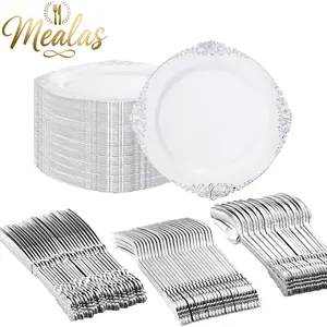 40-Piece Blue Gold Silver Color Vintage Decorative Plates, Baroque Style Relief Edges, Perfect for Weddings Birthdays