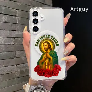 Saint Judas Tadeo Icon Pattern Magnetic Phone Case for  Samsung Galaxy S26 S23 Ultra S24 Plus FE S25 S22+ Anti-Yellowing Shockproof Lightweight Transparent Acrylic Large Hole Soft Cover Supports Wireless Charging