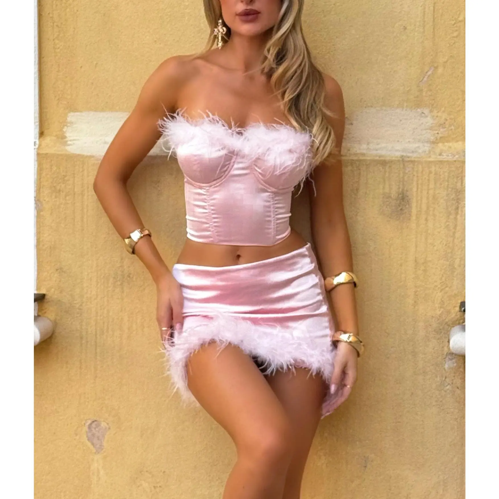 Women's Fringed Strapless Skirt Set Two Piece Summer Bodycon Mini Skirt Outfit