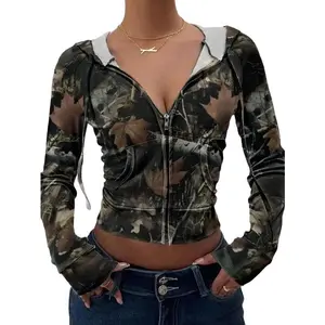 Women's Zip Hoodie – Y2K Cropped Camo Zip Hoodie, camohoodie, Long Sleeve Tops, Fall Tops, Women's Fall Clothing