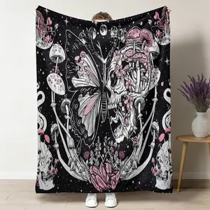 Boho Gothic Butterfly Skull Mushroom Flannel Blanket - 1pc Soft Breathable All-Seasons Throw Blanket, Pink Butterfly Print, 50x60in Decor for Sofa Bed, Mushroom Lover Gift (Multi-Size Option Available), Throw Blankets, Blankets