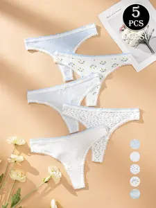 DORSU 5PCS Cotton Comfortable Thong Low Waist Printed Women Panties Cozy Breathable Suitable For Winter Soft Thongs