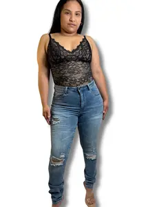 QBANO NOVA Supreme Confession QBANO NOVA Womenswear Skinny Jeans with Distressed Detailing and Lace Top Combo Fit Casual Fashion 90% Cotton 12 oz Fabric Fashion