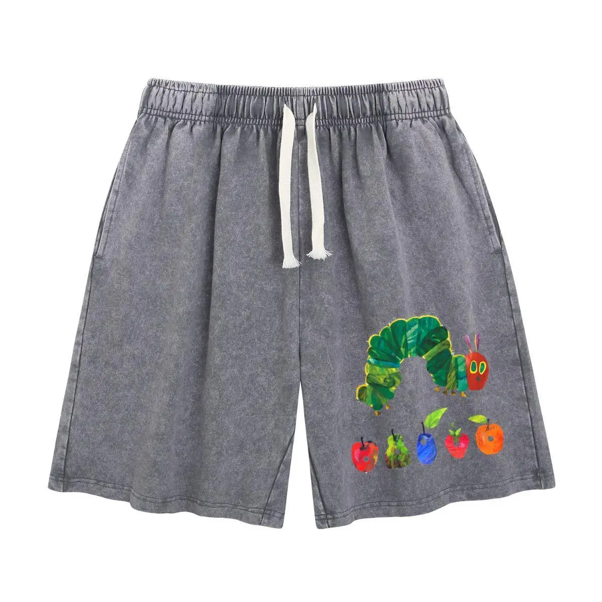 Women's Heavyweight Cotton Retro Acid Wash Shorts - The Very Hungry Caterpillar & Fruits Graphic Printed Unisex Vintage Street Style Classic Casual Shorts for Summer, Matching Personalized Streetwear