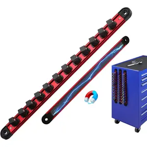 1/2-Inch Magnetic Socket Organizer Rail, Aluminum Alloy Socket Rail, Heavy Duty Sockets Holder with 12 Clips, 360° Swivel Clip Tool Tray, Sockets Organizer for Tool Box Drawer (Red)