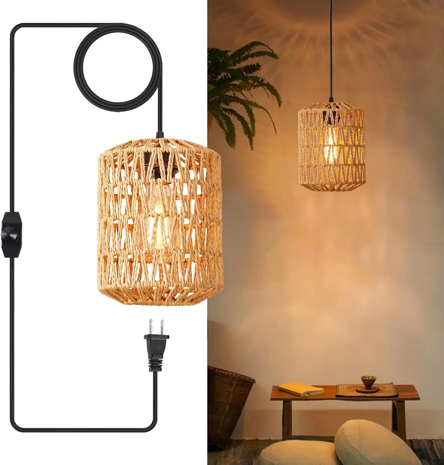 Plug in Pendant Light, Rattan Hanging Lights with Plug in Cord 15ft Dimmable Cord, Hand Woven Wicker Lampshade Hanging Lamp, Boho Plug in Hanging Ceiling Light Fixture for Farmhou Bedroom