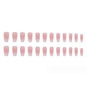 Hkanlre Glamorous Bling Coffin Press-On Nails - 24PCS Soft Pink Gradient Full-Cover Medium Length Fake Nail Tips for Women & Girls Easy Salon-Quality Manicure