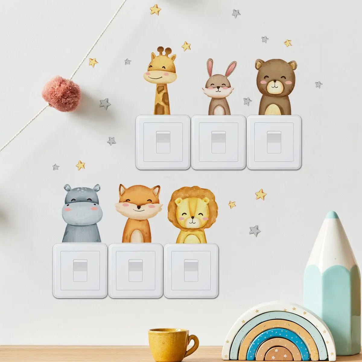 Cute Smiling Face Giraffe Bear Lion Switch Sticker Kid Baby Bedroom Decoration Self-adhesive Home Decor Wallpaper Child Stickers