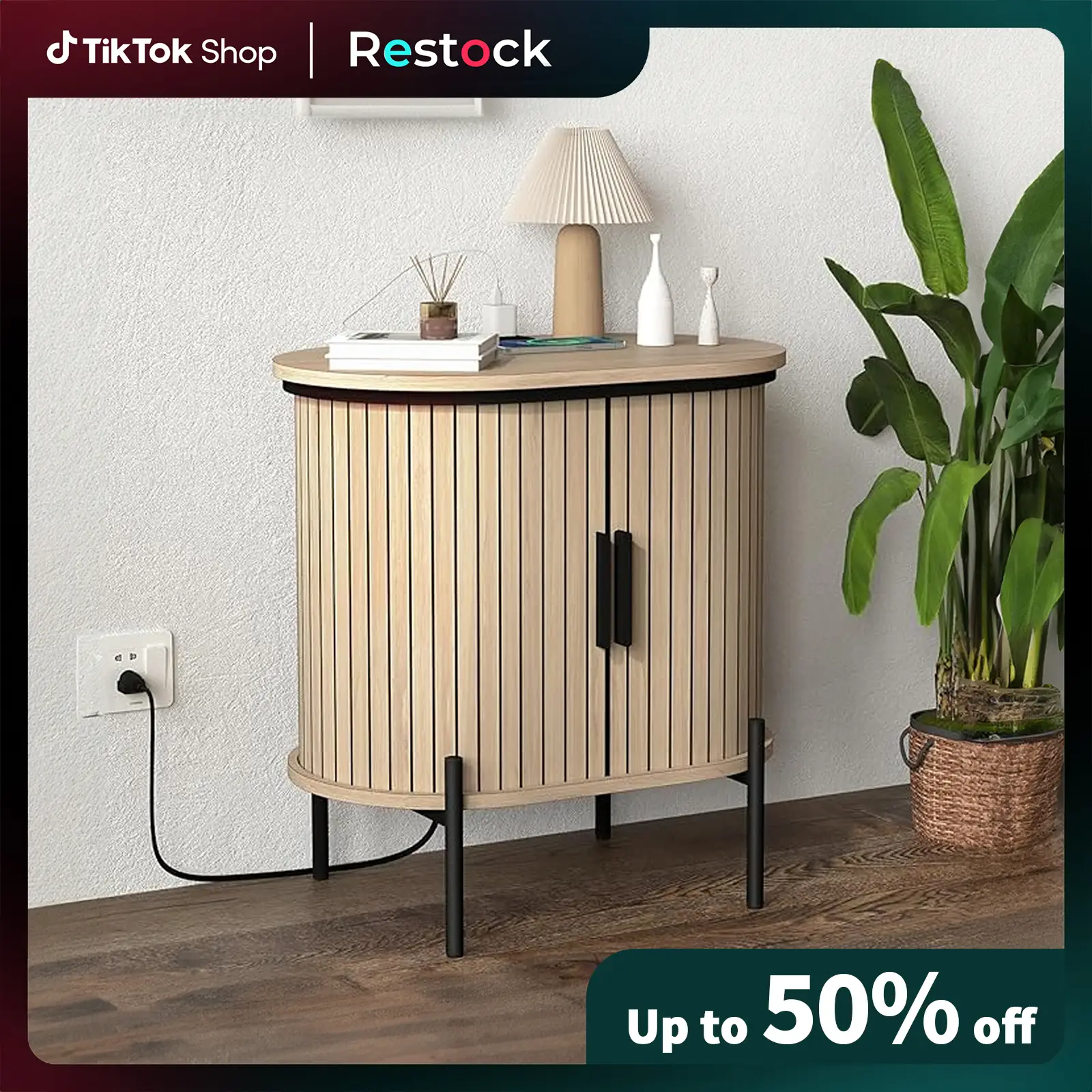 [Restock]EBELLO Grooved End Table with Charging Station, Mid-Century Modern Nightstand, Entryway Cabinet for Living Room, Bedroom, Small Spaces, Walnu