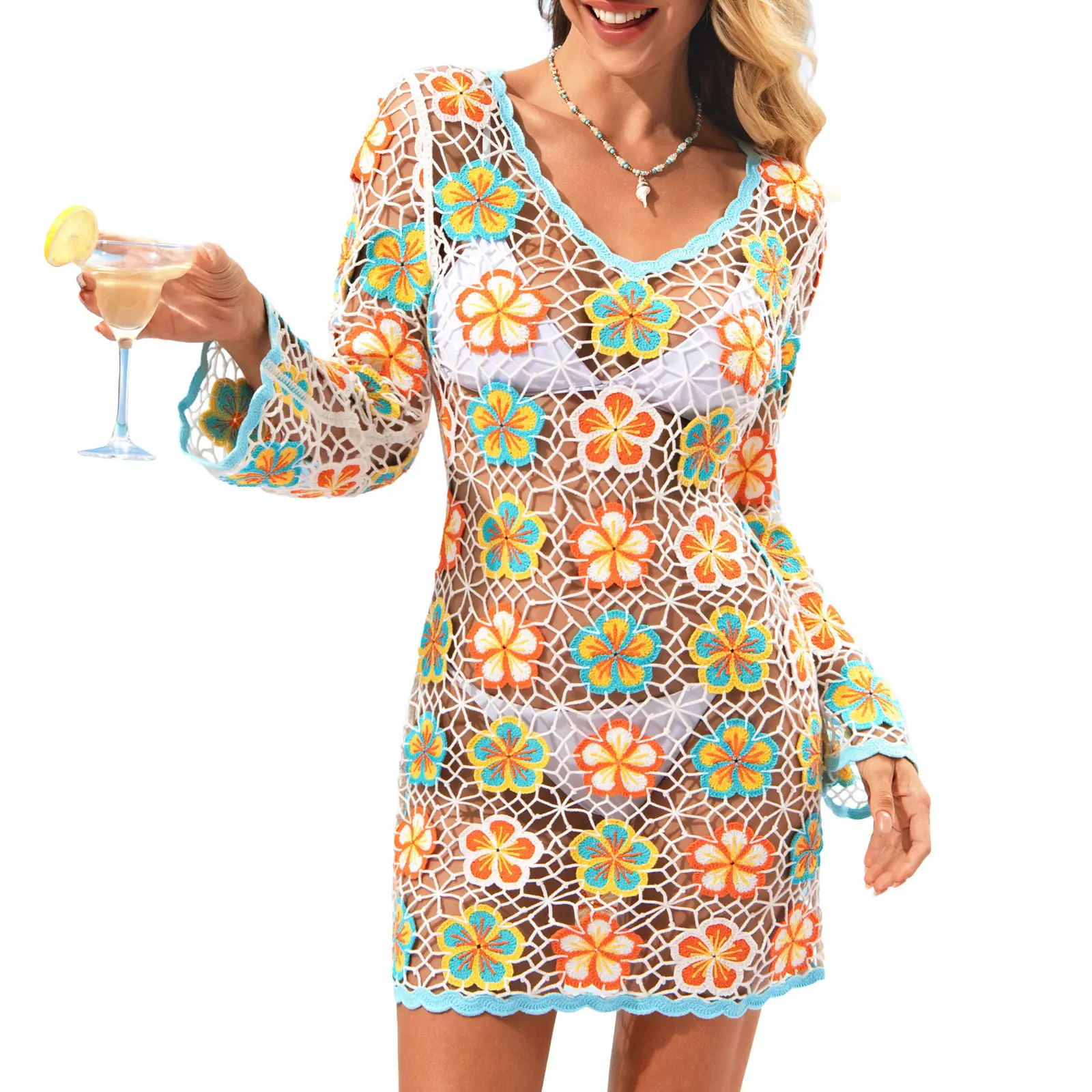 FAIRY SEASON [New Arrivals] Women's Beach Swimsuit Cover Up 3D Hawaiian Hibiscus Crochet Dress Retro Vacation Outfit