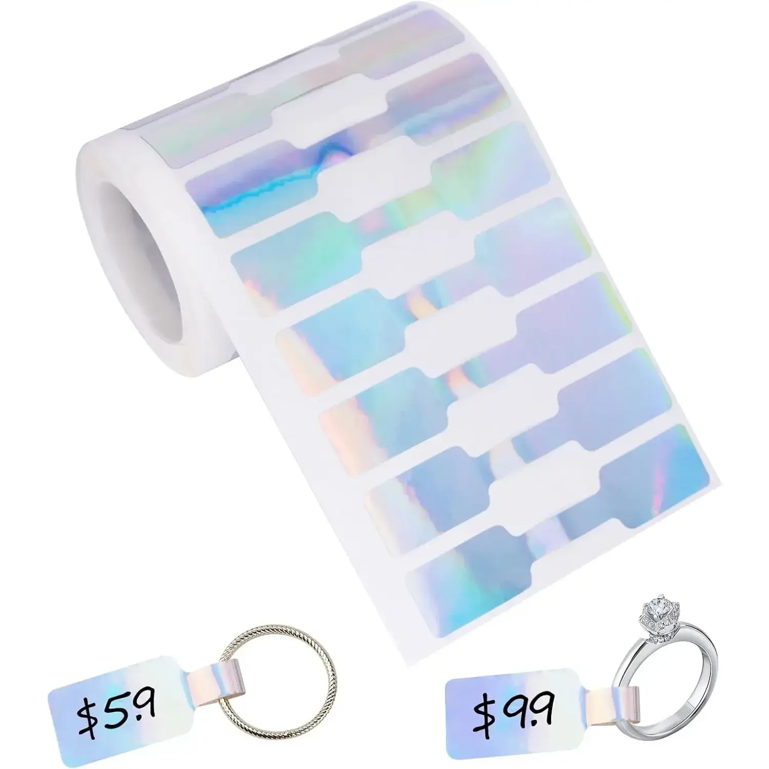500Pcs 0.47 Inches Holographic Self-Adhesive Jewelry Price Tag Stickers, Laser Print Retailers' Roll Pack Labels, Easily Attached and Removed for Rings, Necklaces, Dolls (Office Stationery Supplies), Easy To Store, Jewelry Repair, Holographic Laser