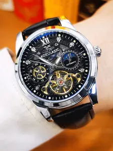 1pc Business Automatic Mechanical Watch for Men Moon Phase Display Iced Out Design Leather Strap Fashion Tourbillon Skeleton Mens Watches Top Brand Luxury Wristwatches Gifts With Box