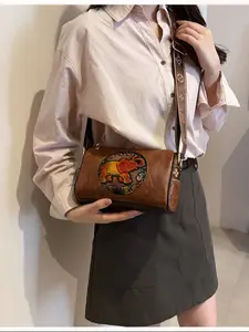 Women's Crossbody Bag, Vintage Embossed Colorful Elephant Shoulder Bag, Versatile Large Capacity Boston Pillow Bag, Fashionable Handbag