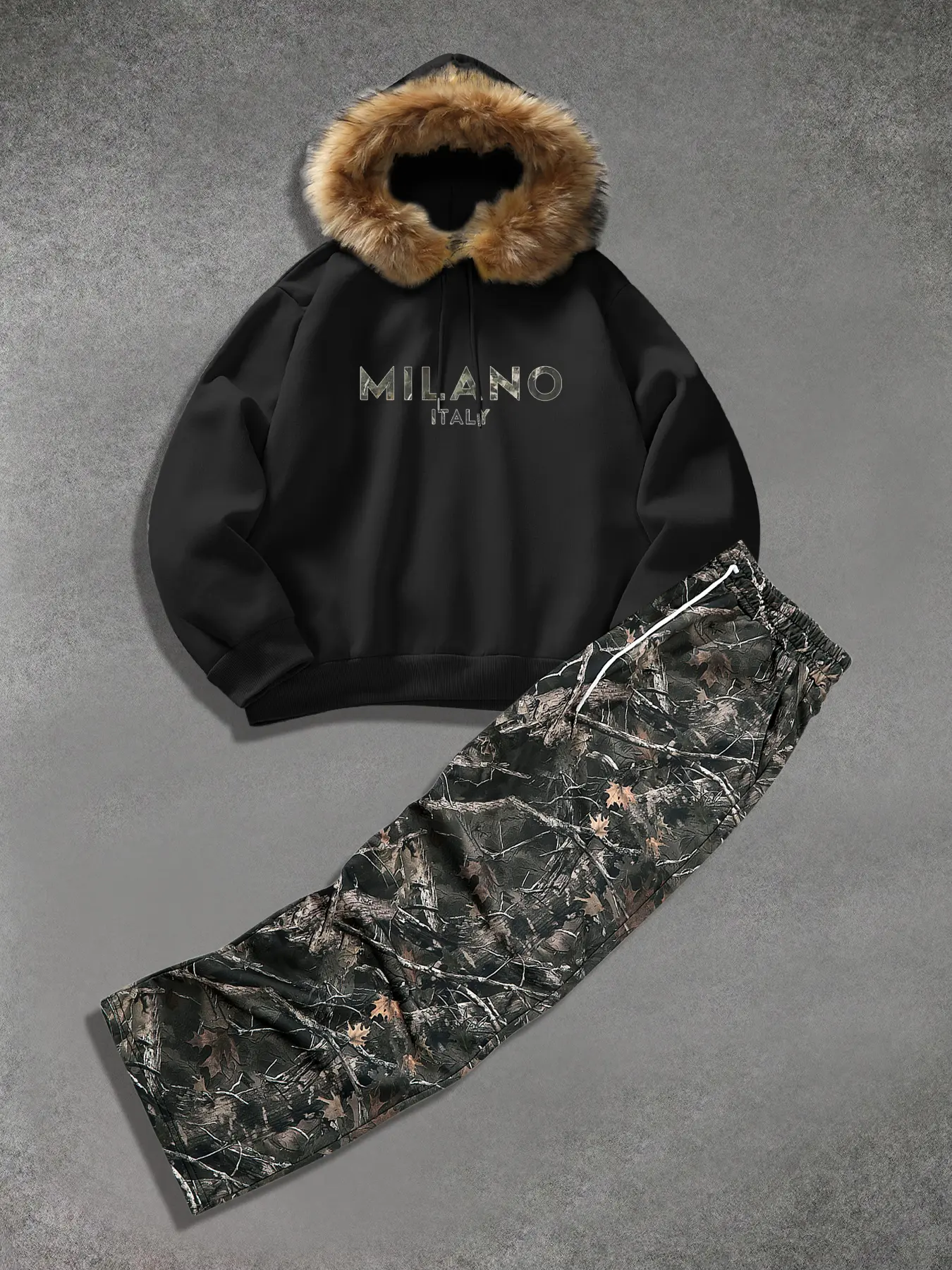 Men's Milano Letter Print Hoodie & Sweatpants Set, Detachable Faux Fur Collar, Street Style Casual Wear, Fall & Winter Long Sleeve Two-Piece, Casual Outfit Set, Hooded Sweatshirt Set