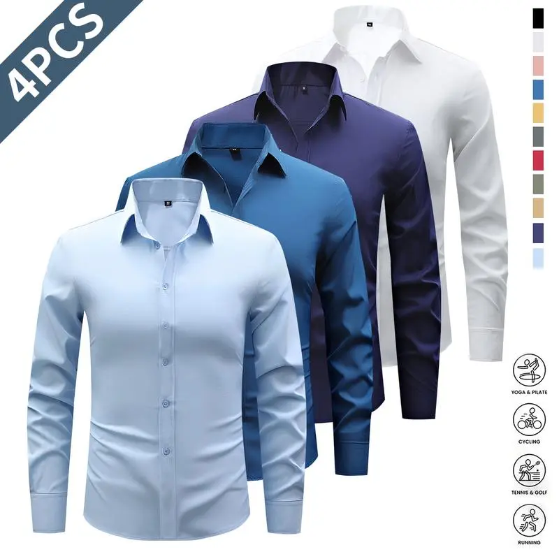 Four solid-color men’s long-sleeve shirts with a notched lapel collar, styled for a classic business formal look. Featuring a pointed notch lapel design that is sharp and well-structured, with delicate button detailing on the front placket. Long sleeves o