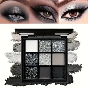 9-color, Shimmer eyeshadow palette with matte black, white, gray, and silver shades, Highly pigmented, long-lasting, easy to apply and blend, with a builtin mirror, Gothic-style palette, perfect for daily use, stage performances