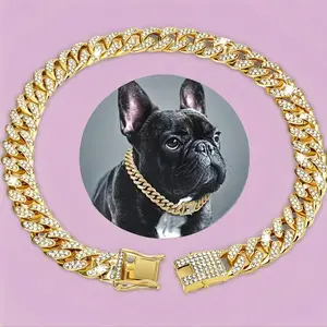 Cuban Chain Dog Collar with Full Rhinestone Buckle, Silver-Color Stylish and Durable Pet Accessory for Dogs