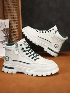 Men's High-Top PU Leather Boots, Fall Winter New Style, Warm Thickened Waterproof Anti-Slip Rubber Mid-Calf Round Toe Lace-Up Zipper Shoes