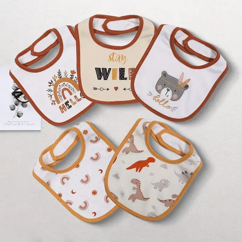 5 - Piece Set of Double - Layer Absorbent Cotton Cartoon Embroidery Magic - Tape Adjustable Feeding Bibs for 0 - 3 Year - Old Boys and Girls