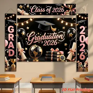 2D Flat Class of 2026 Graduation Decoration Set 1 piece banner + 3 piece door curtain set Polyester material Pink gold bachelor's hat balloon graduation banner 2026 graduation ceremony party photo hanging cloth Campus graduation season atmosphere decorati