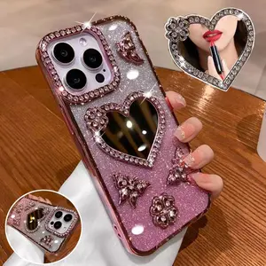 3 Piece Set Rhinestone Butterfly Heart Makeup Mirror Shiny Aesthetic Protective Phone Case iPhone 17/17 Pro/16 Pro/15 Pro/14 Pro Max/13/12/11 Luxury Gradient Shockproof Casing Cover Gift Accessories
