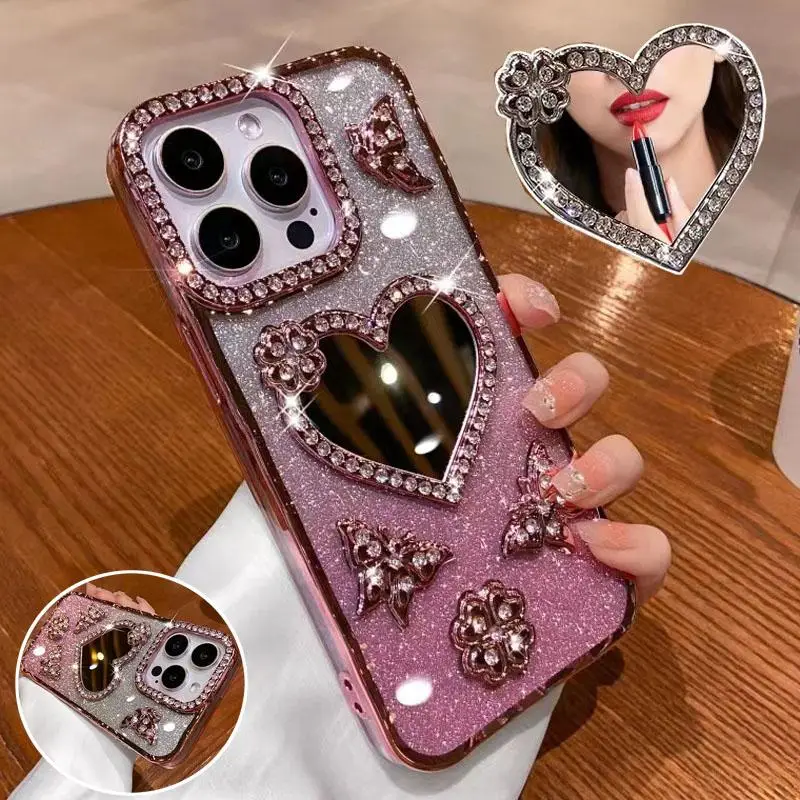 3 Piece Set Rhinestone Butterfly Heart Makeup Mirror Shiny Phone Case iPhone 17/17 Pro/16 Pro/15 Pro/14 Pro Max/13/12/11 Luxury Gradient Shockproof Co