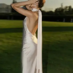 Sexy Halter Ribbon Backless Long Dresses Woman Spring Solid Satin Tight Gowns Evening Dress Summer Sleeveless Hollow Boho Dress??gift??