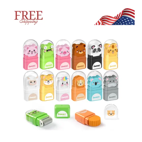 12 Pack Pencil Erasers, Cute Animal Eraser with Clean up Roller and Cover
