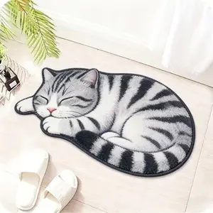 1pc Cartoon Cute Striped Cat Bedroom Bedside Decoration Carpet Ins High-end Black and White Living Room Sofa Coffee Table Plush Rug Fluffy and Soft Cloakroom Dressing Table Washable Rug Irregular Shape Bathroom Non-slip Mat