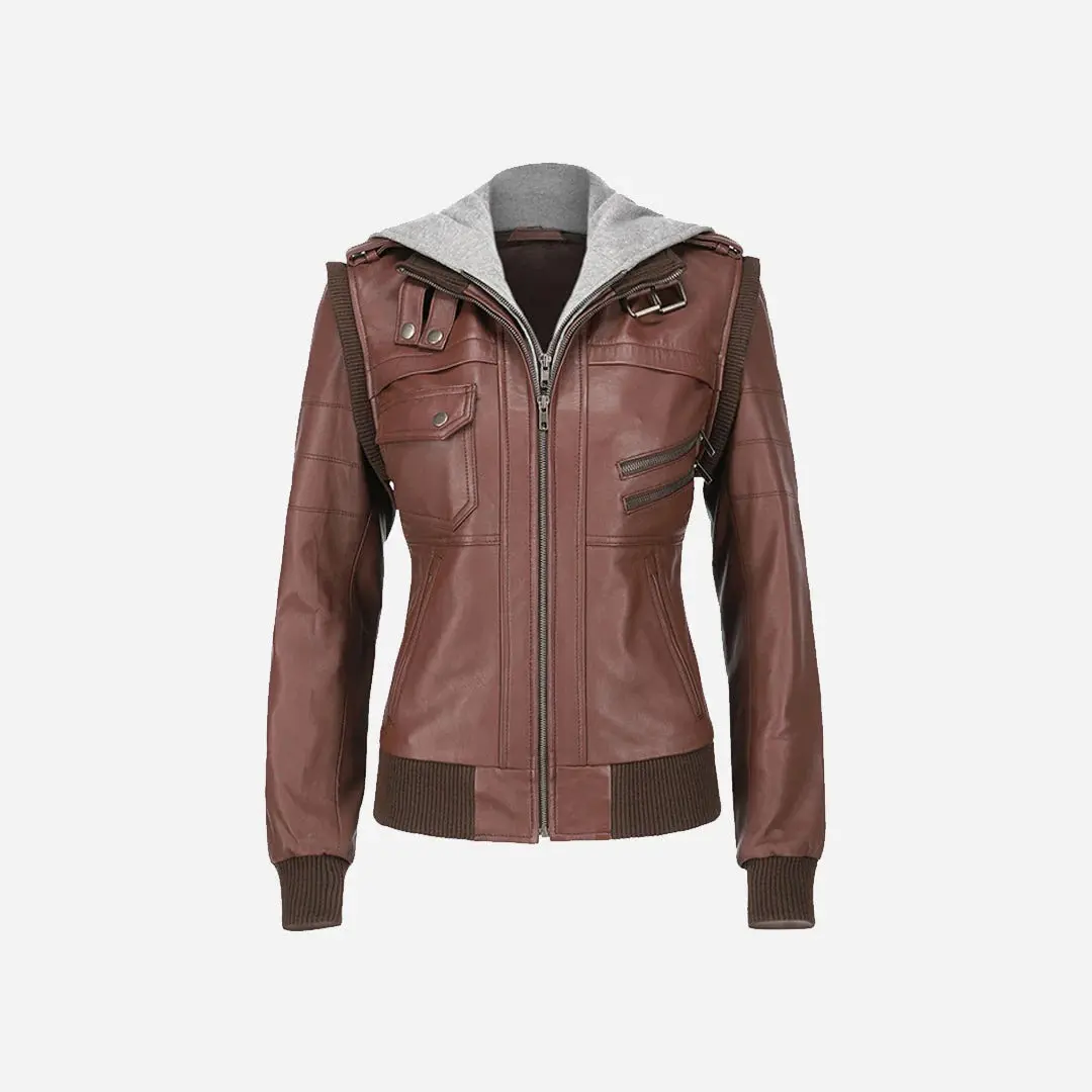 Women’s Brown Bomber Jacket featuring Grey Hood