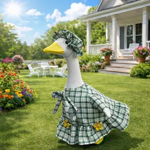 Spring Summer Plaid Flower Goose, Farmhouse Style, Fits 23 Inch Cement Plastic Goose Statue, Outdoor Garden Lawn Yard Decor