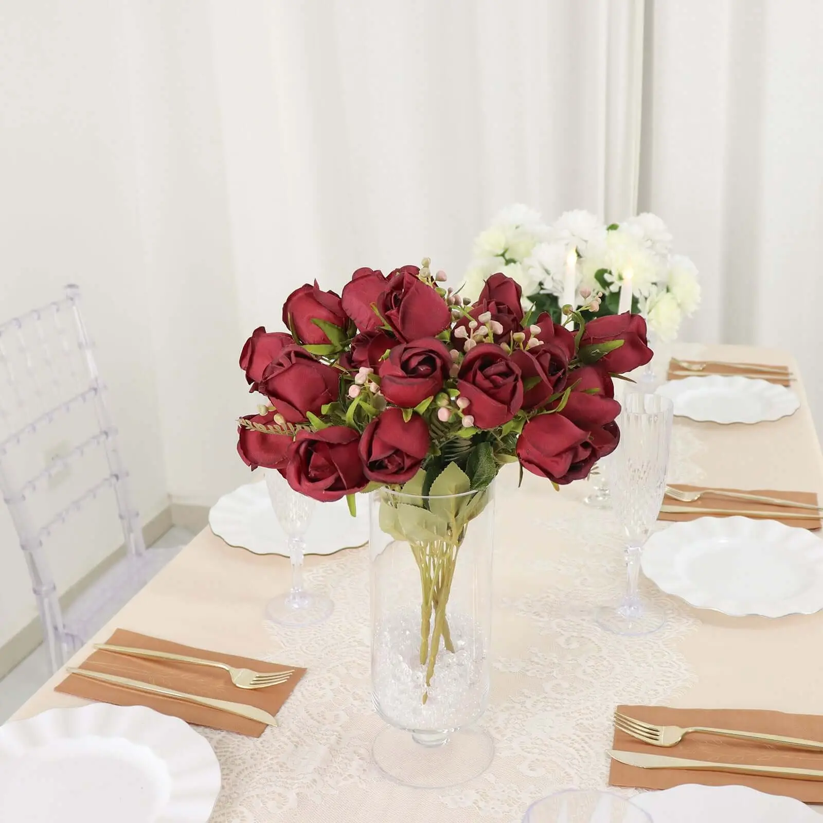 3-Pack 13" Real Touch Silk Burgundy Rose Bud Bushes, Floral Decor Fake Flower Accents for Bedroom Decor, Ideal for Event Planners, Three Packs, Silk Roses